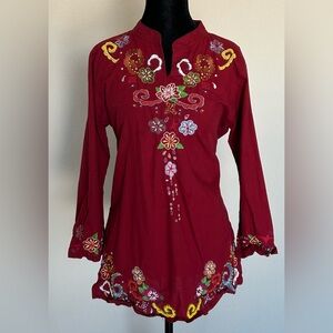 Vintage Y2K Japanese Salad Beaded Tunic Afro Boho Embroidered Top M Burgundy